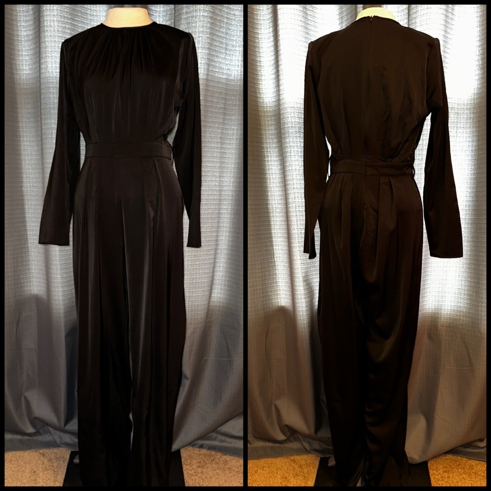 Nasty Gal Black Satin Shoulder Pad Jumpsuit NWT 6 - Picture 3 of 9